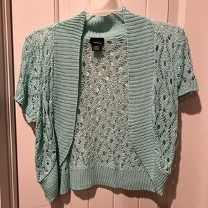 💰 5/$20!! Rue21 Green Crochet Shrug cardigan Sweater sz L teal blue mint